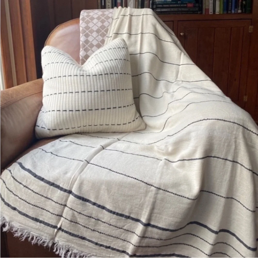 Cashmere Blend Striped Cream Black Throw Pillow Down Feather Insert Size 20x20